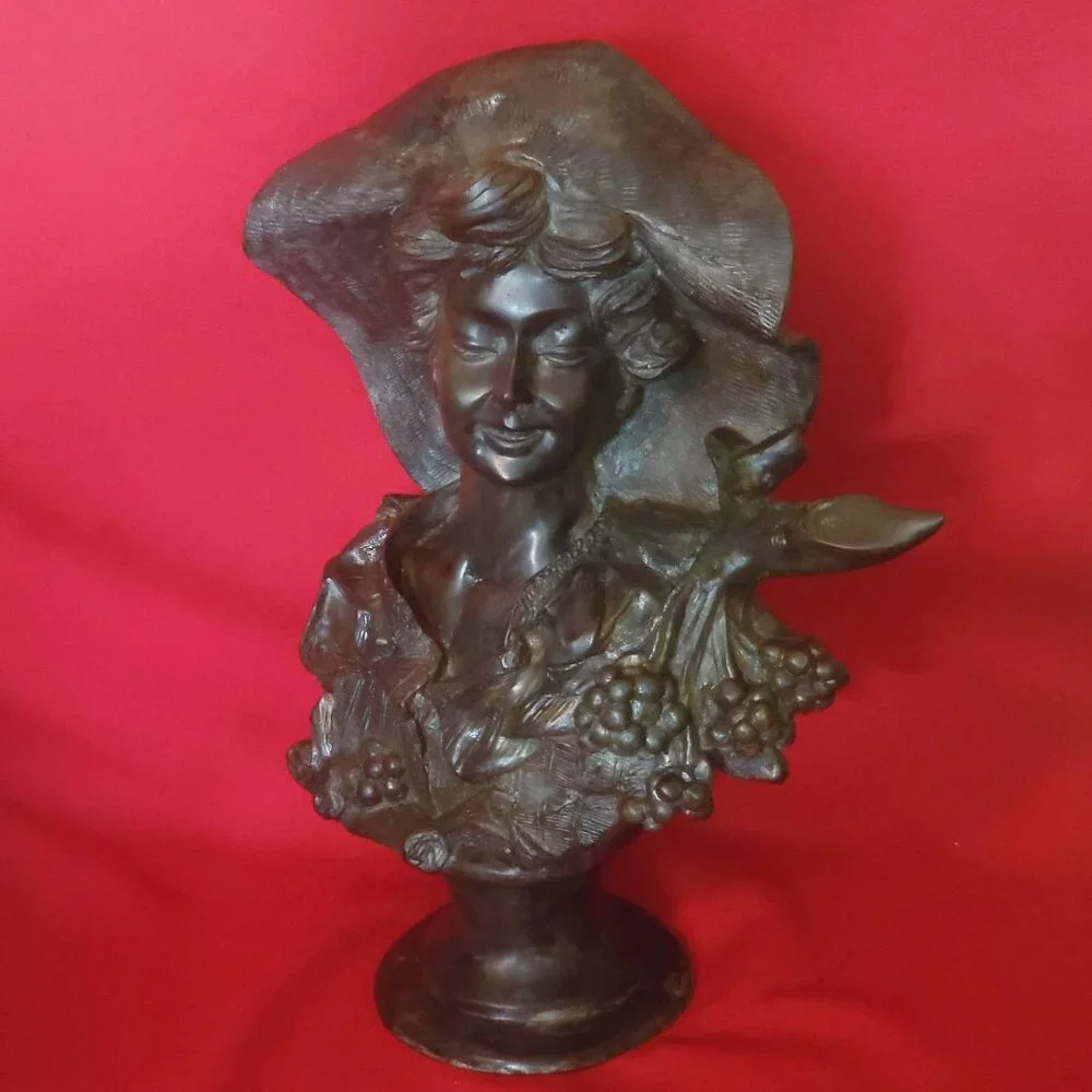 Maitland Smith Large Metal Brass Bust Lady of the Grapes Sculpture 14 Inches Tal